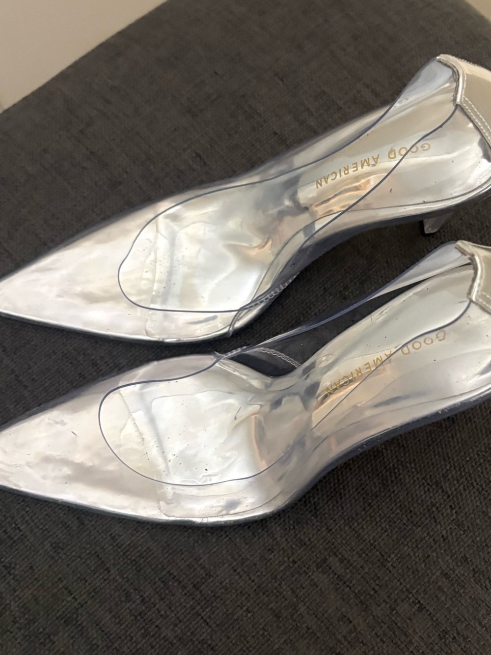 Good American Clear and Silver Pointed Toe Closed Toe Heels Size 8 Pre Owned